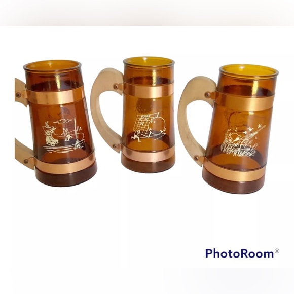 Vintage Siesta Ware Sports Mugs Amber Glass Wooden Handles 5" Set of 3 - Picture 4 of 7